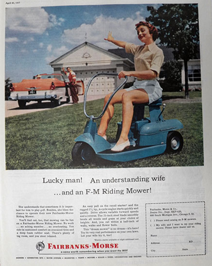 1957 Vintage Fairbanks Morse Riding Lawnmower Ad ~ An Understanding Wife