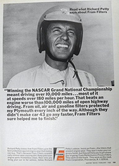 1968 Fram Filters Ad ~ NASCAR Driver Richard Petty