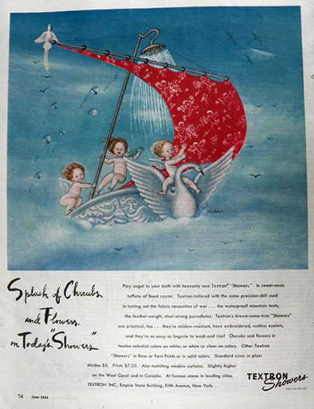 1944 Textron Shower Curtain Ad ~ Cherubs, Flowers