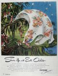 1944 Textron Shower Curtain Ad ~ Orchids, Cherubs