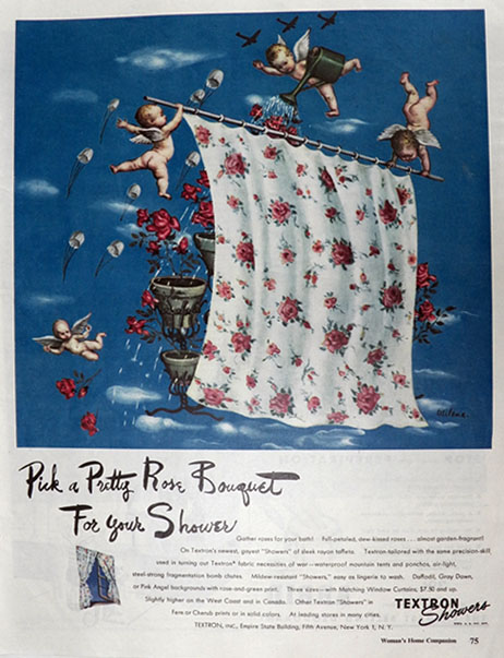 1944 Textron Shower Curtain Ad ~ Roses, Cherubs