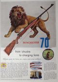 1957 Winchester 70 Rifle Ad ~ 'Chucks to Charging Lions