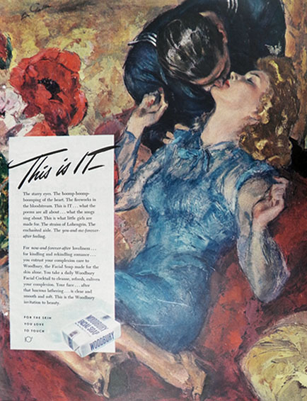 1944 WWII Woodbury Soap Ad ~ Navy Soldier Kisses Woman