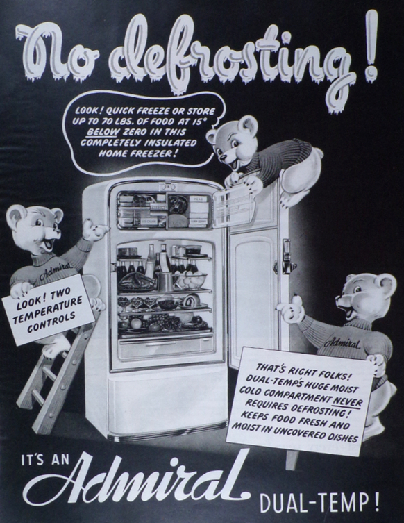 1947 Admiral Dual-Temp Refrigerator Ad ~ No Defrosting!