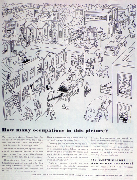 1945 Electric Light & Power Ad ~ Lots of Occupations Cartoon