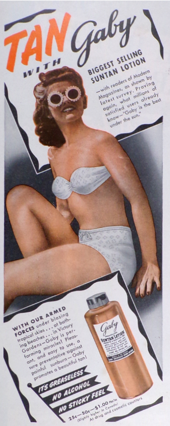 1944 Gaby Suntan Lotion Ad ~ Woman with Wacky Sunglasses