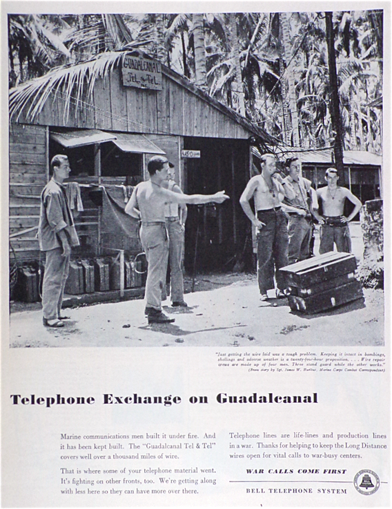1945 Bell Telephone Ad ~ Marine Crew Photo, Guadalcanal "Tel & Tel"