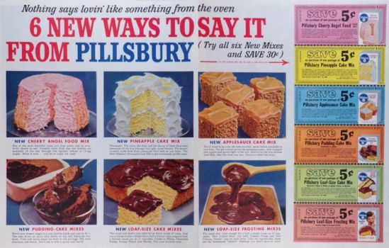1958 Pillsbury Cake Mix Ad ~ 5 Cent Coupons