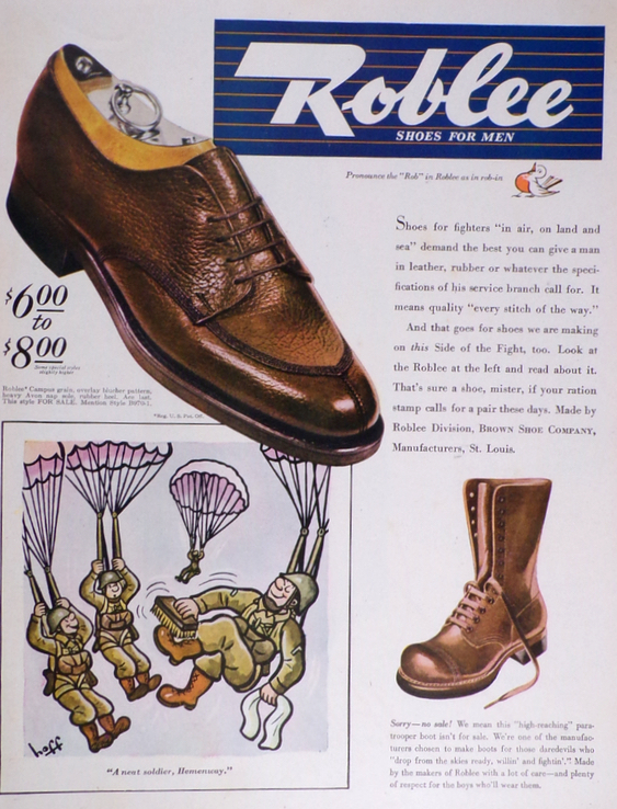 1944 Roblee Shoes Ad ~ Paratrooper Boots ~ Syd Hoff Cartoon