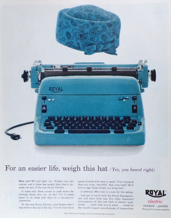 1956 Blue Royal Electric Typewriter Ad ~ Pillbox Hat