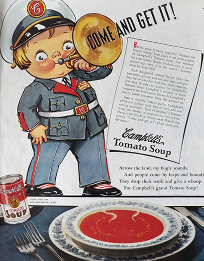 1938 Campbell's Soup Ad ~ Campbell's Kid Bugle Player