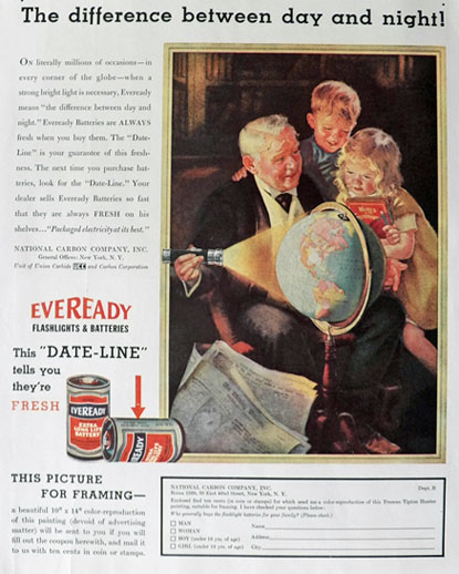 1935 Eveready Flashlight Ad ~ Globe, Day & Night