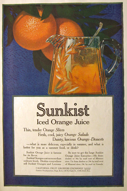 1916 Sunkist Oranges Ad ~ Iced Orange Juice
