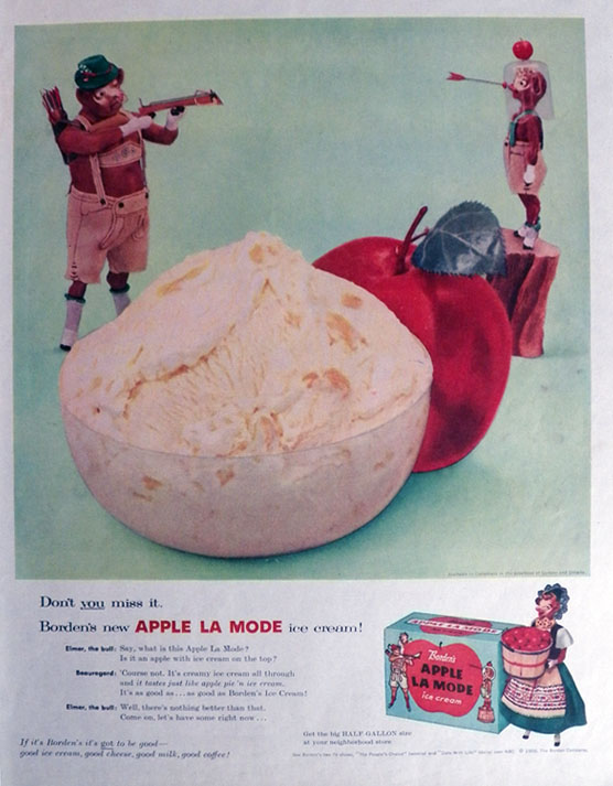1956 Borden's Apple La Made Ice Cream Ad ~ Bull Shoots Arrow