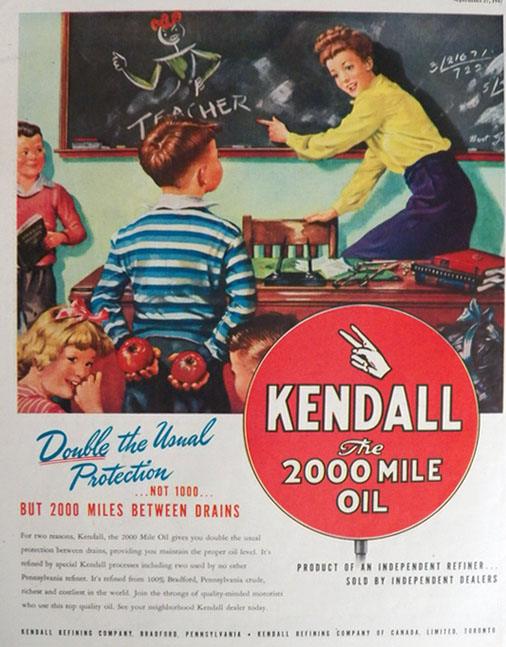 1947 Kendall Motor Oil Ad ~ Boy with Teacher's Apple