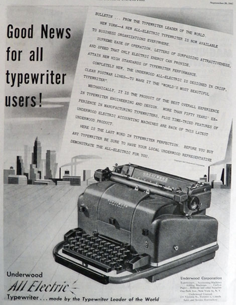 1947 Underwood Typewriter Ad ~ All Electric