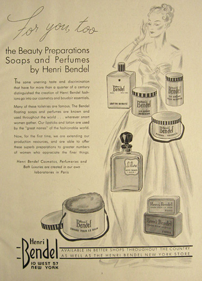 1938 Henri Bendel Cosmetics, Soaps & Perfume Ad