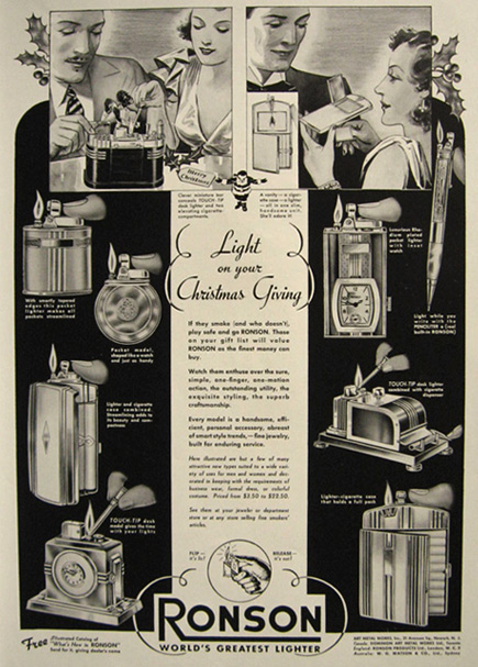 1936 Vintage Ronson Lighters Ad ~ Great Old Styles