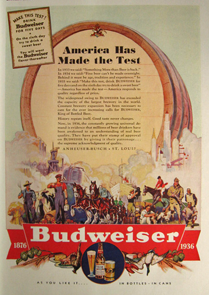 1936 Budweiser Beer Ad ~ America Has Made the Test