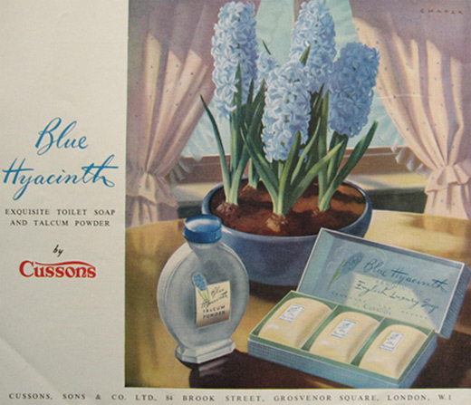1953 Cussons Blue Hyacinth Toilet Soap & Talcum Powder Ad