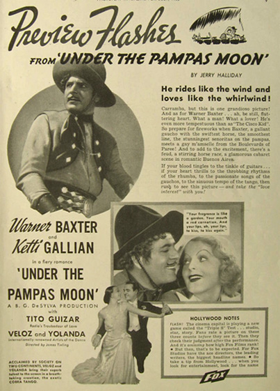 1935 Movie Ad ~ Warner Baxter ~ Under the Pampas Moon