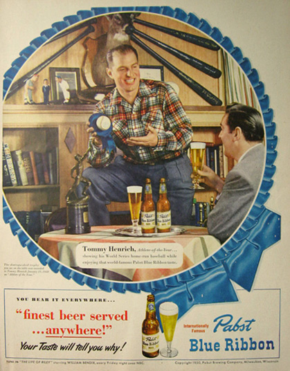 1950 Pabst Blue Ribbon Beer Ad ~ NY Yankees Tommy Henrich