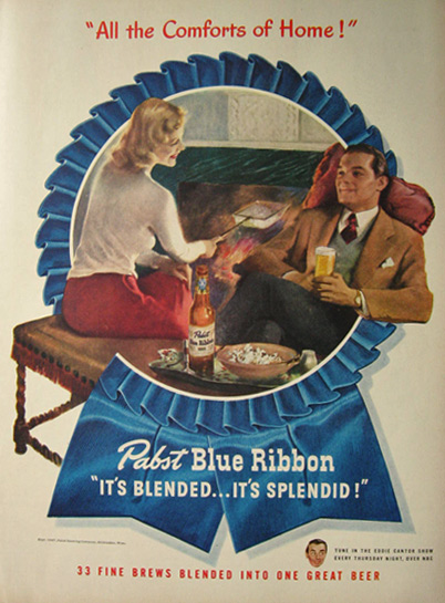 1947 Pabst Blue Ribbon Beer Ad ~ Popcorn & Beer