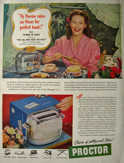 1949 Retro Proctor Toaster Ad ~ Yvonne De Carlo