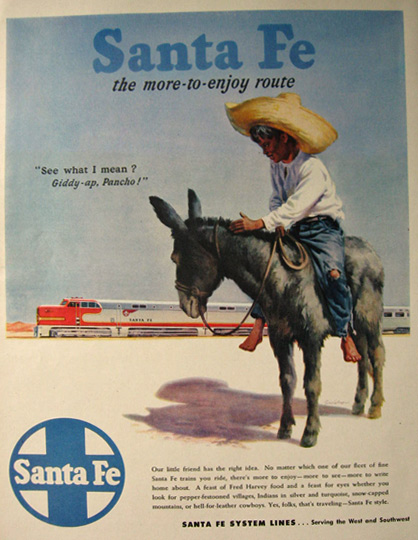 1947 Santa Fe Railroad Ad ~ Mexican Boy on Mule