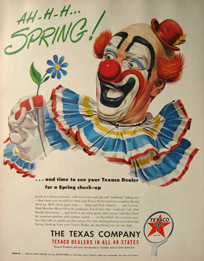 1950 Texaco Gas & Oil Ad ~ Clown Art