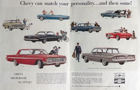 1961 Chevy Car Ad ~ 8 Models, Corvette, Impala, Biscayne, etc.
