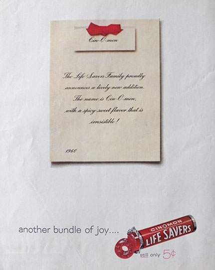 1960 Lifesavers Cin-O-Mon Candy Ad ~ Bundle of Joy