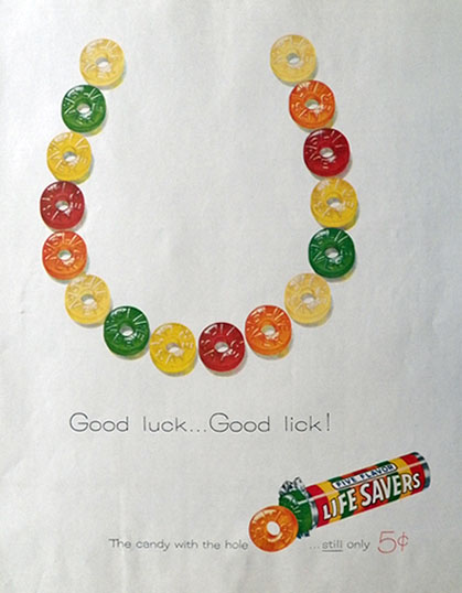 1959 Lifesavers Candy Ad ~ Good Luck, Good Lick Horseshoe
