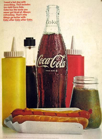 1966 Coca Cola Ad ~ Coke & a Hot Dog with Everything