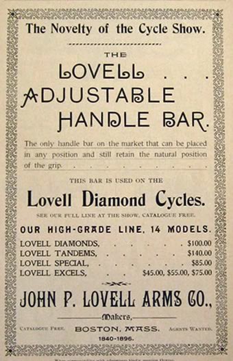 1896 Lovell Diamond Bicycle Ad ~ Adjustable Handlebar