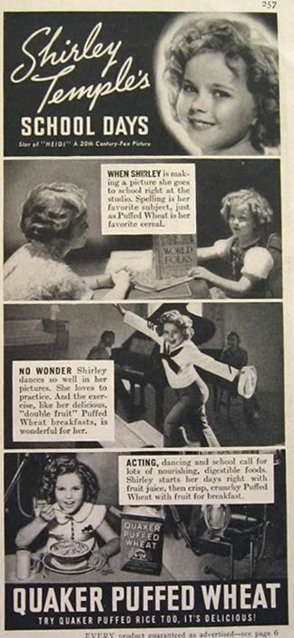 1937 Puffed Wheat Cereal Ad ~ Shirley Temple