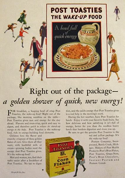 1928 Post Toasties Cereal Ad ~ Golden Shower of Energy