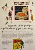 1928 Post Toasties Cereal Ad ~ Golden Shower of Energy
