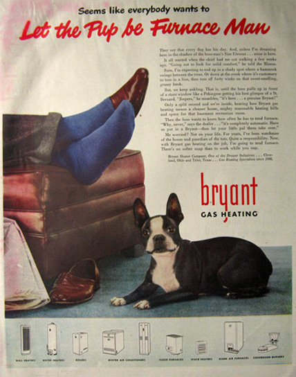 1947 Bryant Gas Heater Ad ~ Boston Terrier