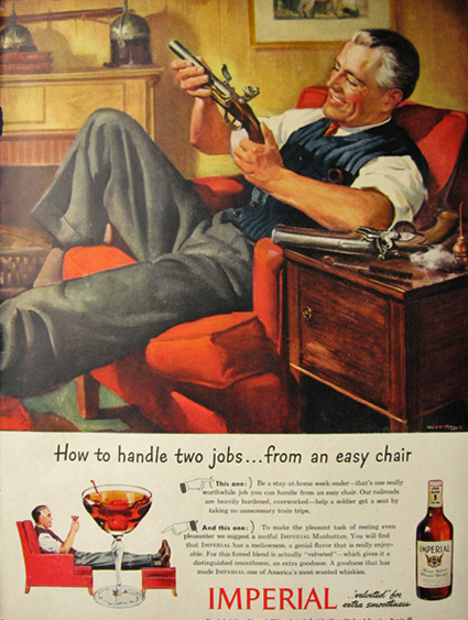 1944 Imperial Whiskey Ad ~ Man Cleans Guns Pistols