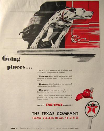 1947 Texaco Gas Ad ~ Dalmatian on Fire Engine