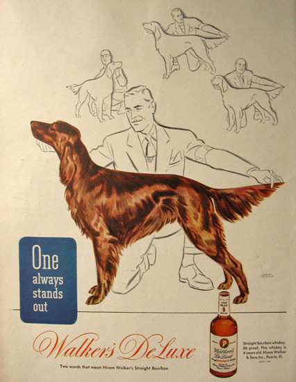 1945 Walker's Deluxe Whisky Ad ~ Irish Setter Dog