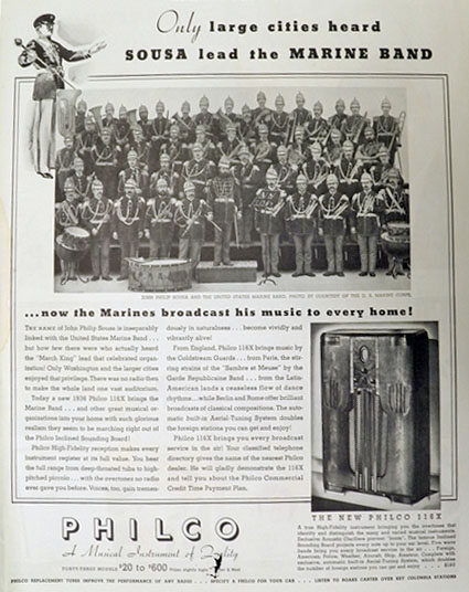 1936 Philco Radio Ad ~ John Philip Sousa Band Photo
