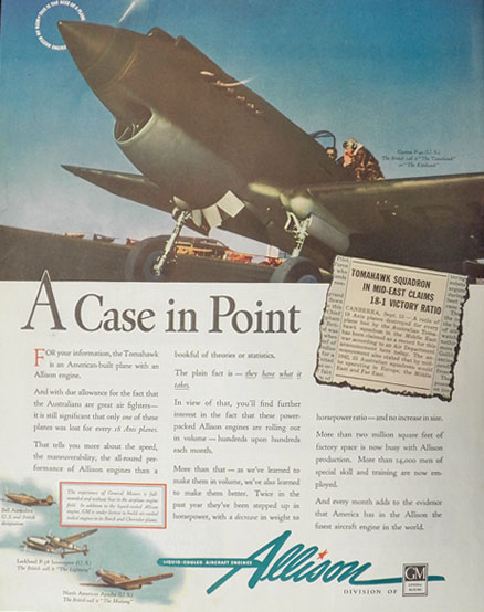 1942 Allison Aircraft Engines Ad ~ Curtiss P-40 Tomahawk