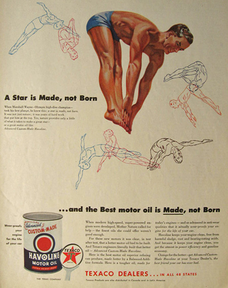 1954 Havoline Motor Oil Ad ~ High Dive Champ Marshall Wayne