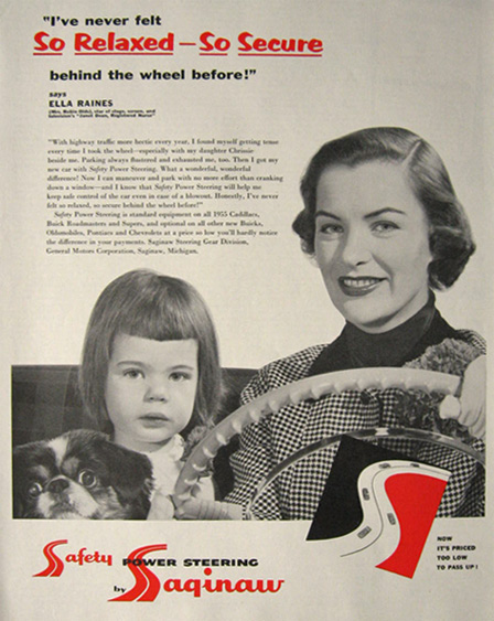 1955 GM Safety Power Steering Ad ~ Ella Raines & Pekingese Dog