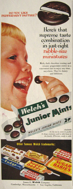 1955 Welch's Candy Ad ~ Junior Mints, Sugar Daddy