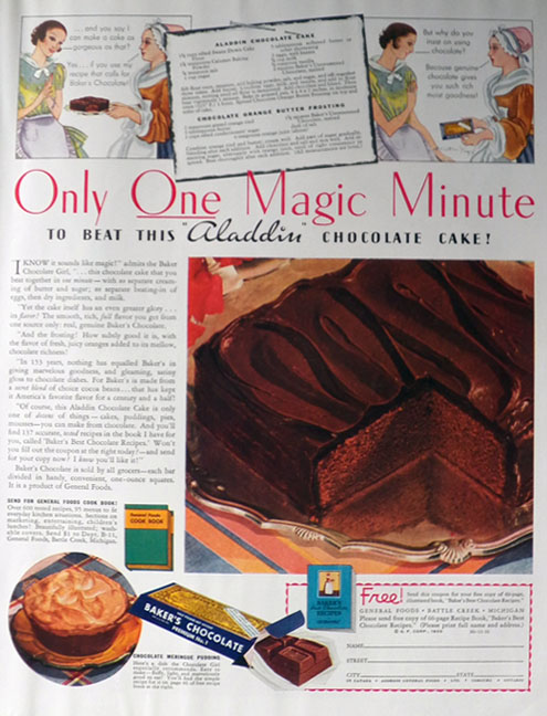 1933 Baker's Chocolate Ad ~ Aladdin Chocolate Cake Recipe