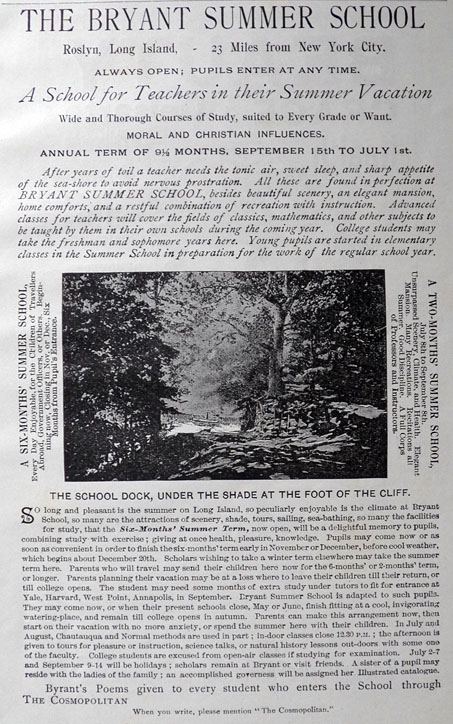 1891 Bryant Summer School Ad, Sabbaticals ~ Roslyn, NY