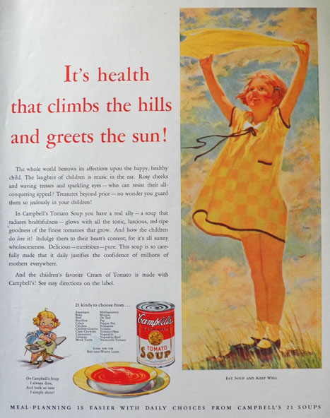 1932 Campbell's Soup Ad ~ Climbs the Hills & Greets the Sun!